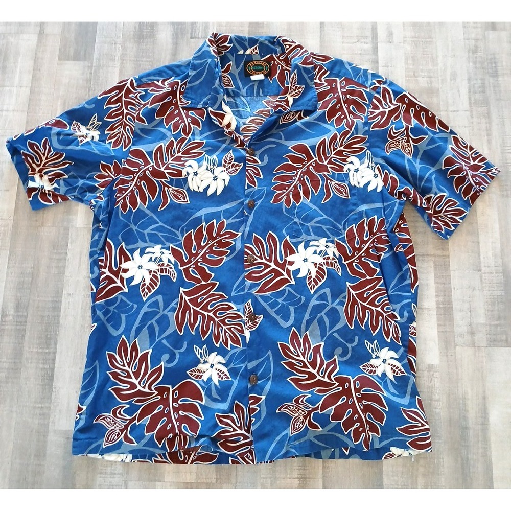 Hawaiian Reserve Collection Mens Aloha Shirt XL‎ Floral Hawaiian AOP Blue Red
